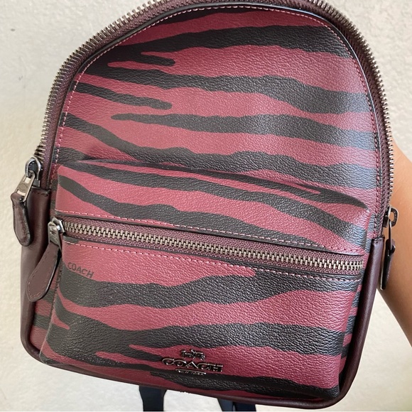 Coach Mini Charlie Backpack With Tiger Print Dark Red Black F37880 - Picture 8 of 9